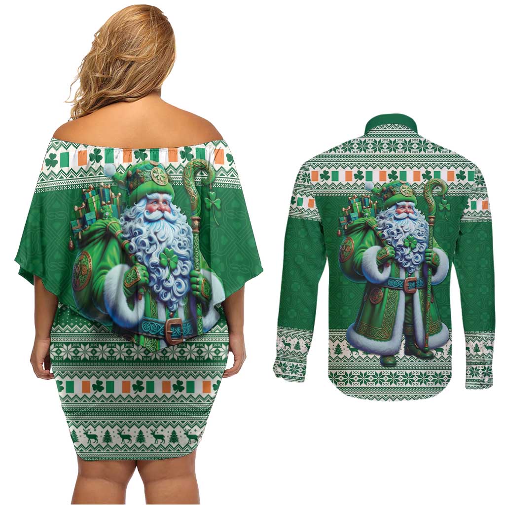 Ireland Christmas Couples Matching Off Shoulder Short Dress and Long Sleeve Button Shirt Irish Santa Claus - Wonder Print Shop