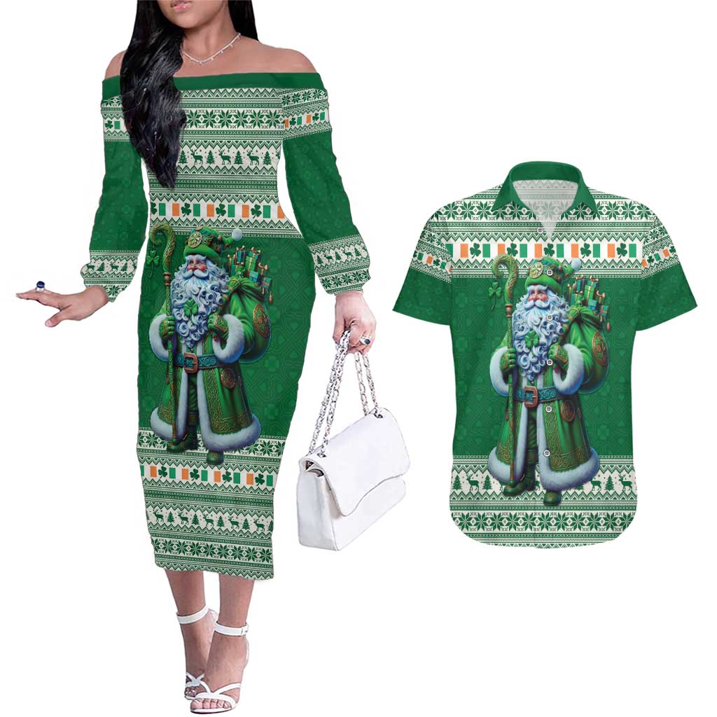Ireland Christmas Couples Matching Off The Shoulder Long Sleeve Dress and Hawaiian Shirt Irish Santa Claus - Wonder Print Shop