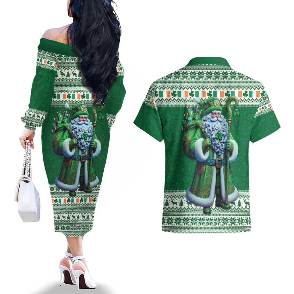 Ireland Christmas Couples Matching Off The Shoulder Long Sleeve Dress and Hawaiian Shirt Irish Santa Claus - Wonder Print Shop