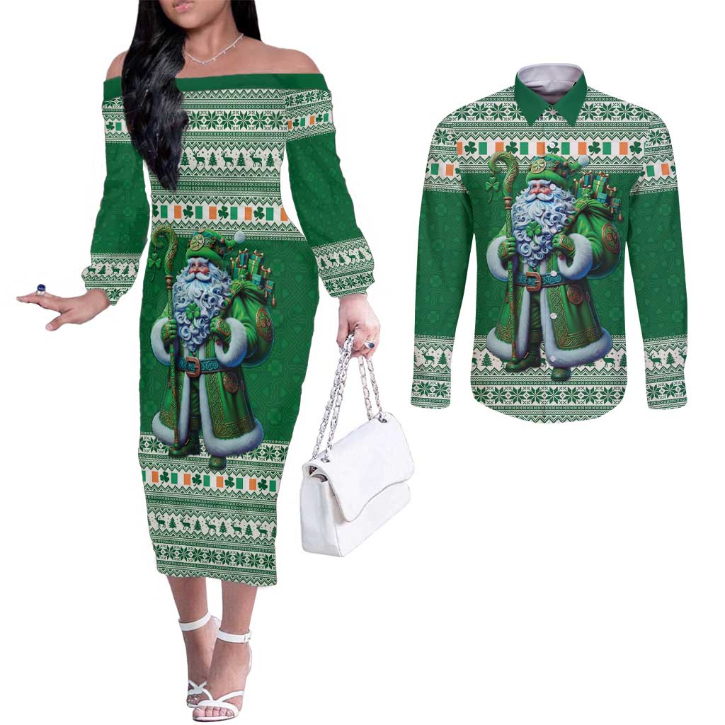 Ireland Christmas Couples Matching Off The Shoulder Long Sleeve Dress and Long Sleeve Button Shirt Irish Santa Claus - Wonder Print Shop