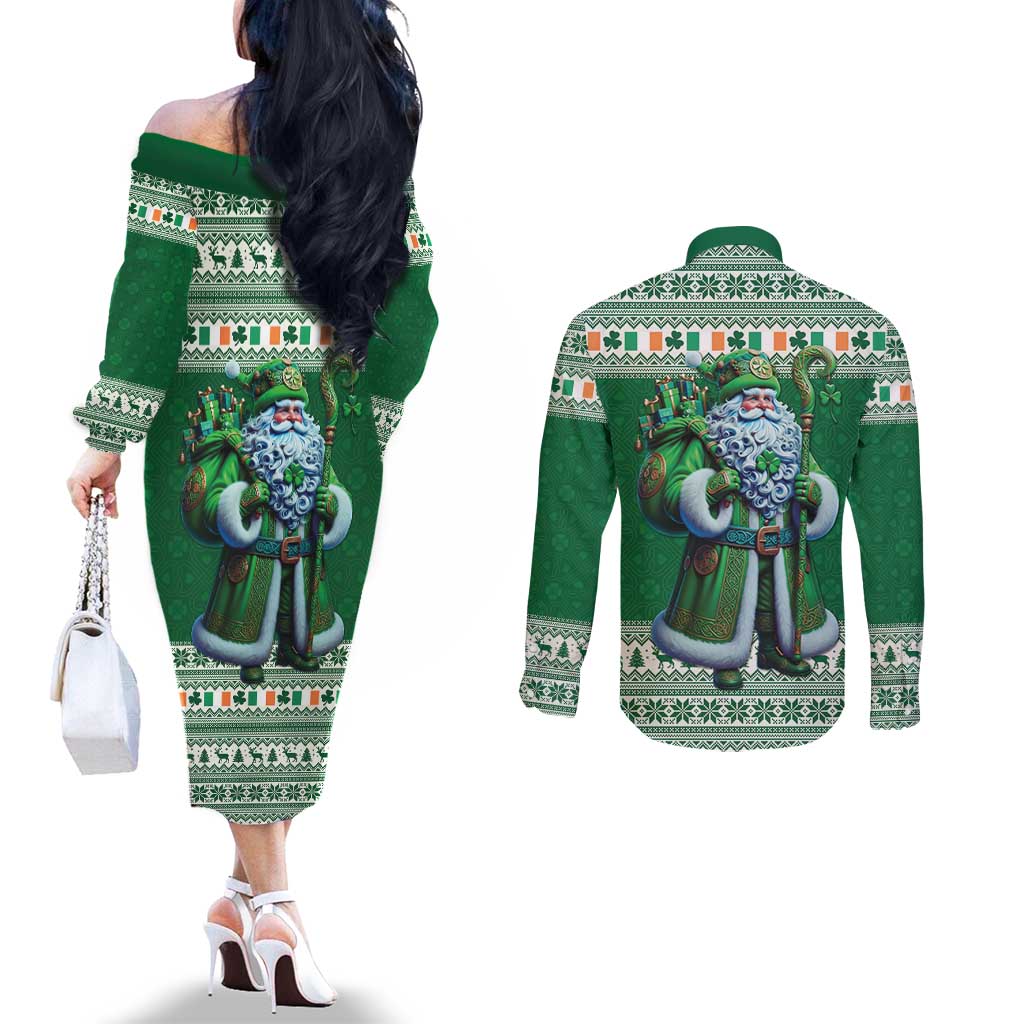 Ireland Christmas Couples Matching Off The Shoulder Long Sleeve Dress and Long Sleeve Button Shirt Irish Santa Claus - Wonder Print Shop