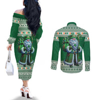 Ireland Christmas Couples Matching Off The Shoulder Long Sleeve Dress and Long Sleeve Button Shirt Irish Santa Claus - Wonder Print Shop