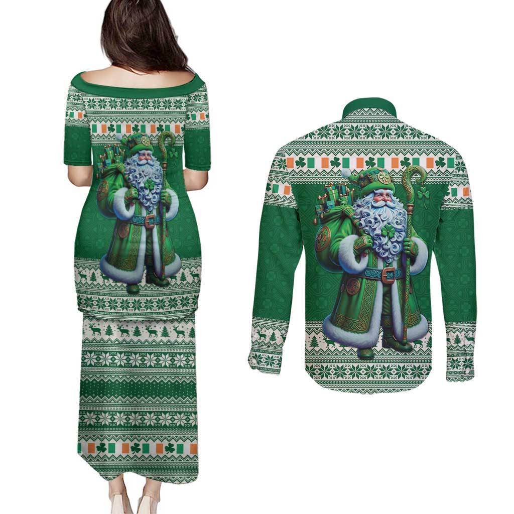 Ireland Christmas Couples Matching Puletasi and Long Sleeve Button Shirt Irish Santa Claus - Wonder Print Shop