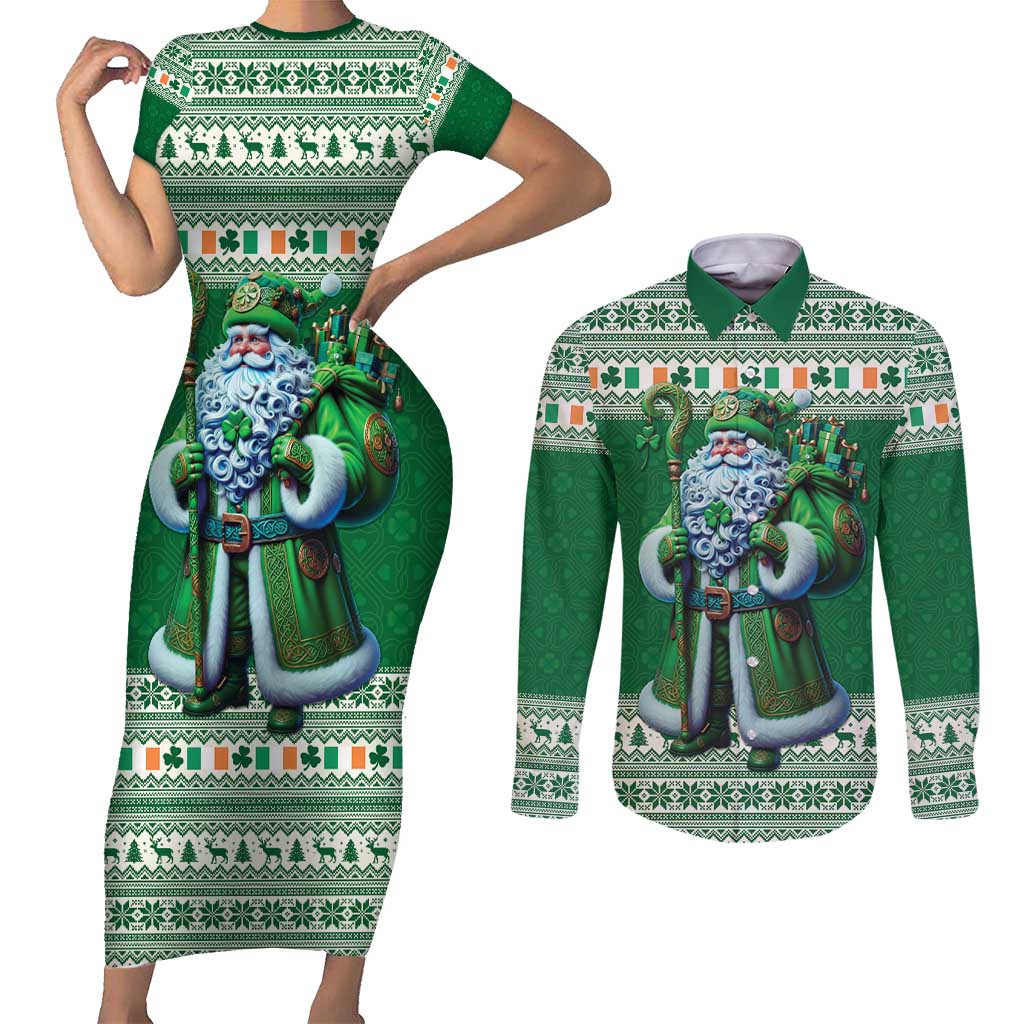 Ireland Christmas Couples Matching Short Sleeve Bodycon Dress and Long Sleeve Button Shirt Irish Santa Claus - undefined