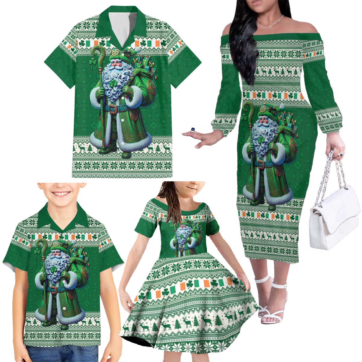 Ireland Christmas Family Matching Off The Shoulder Long Sleeve Dress and Hawaiian Shirt Irish Santa Claus - Wonder Print Shop