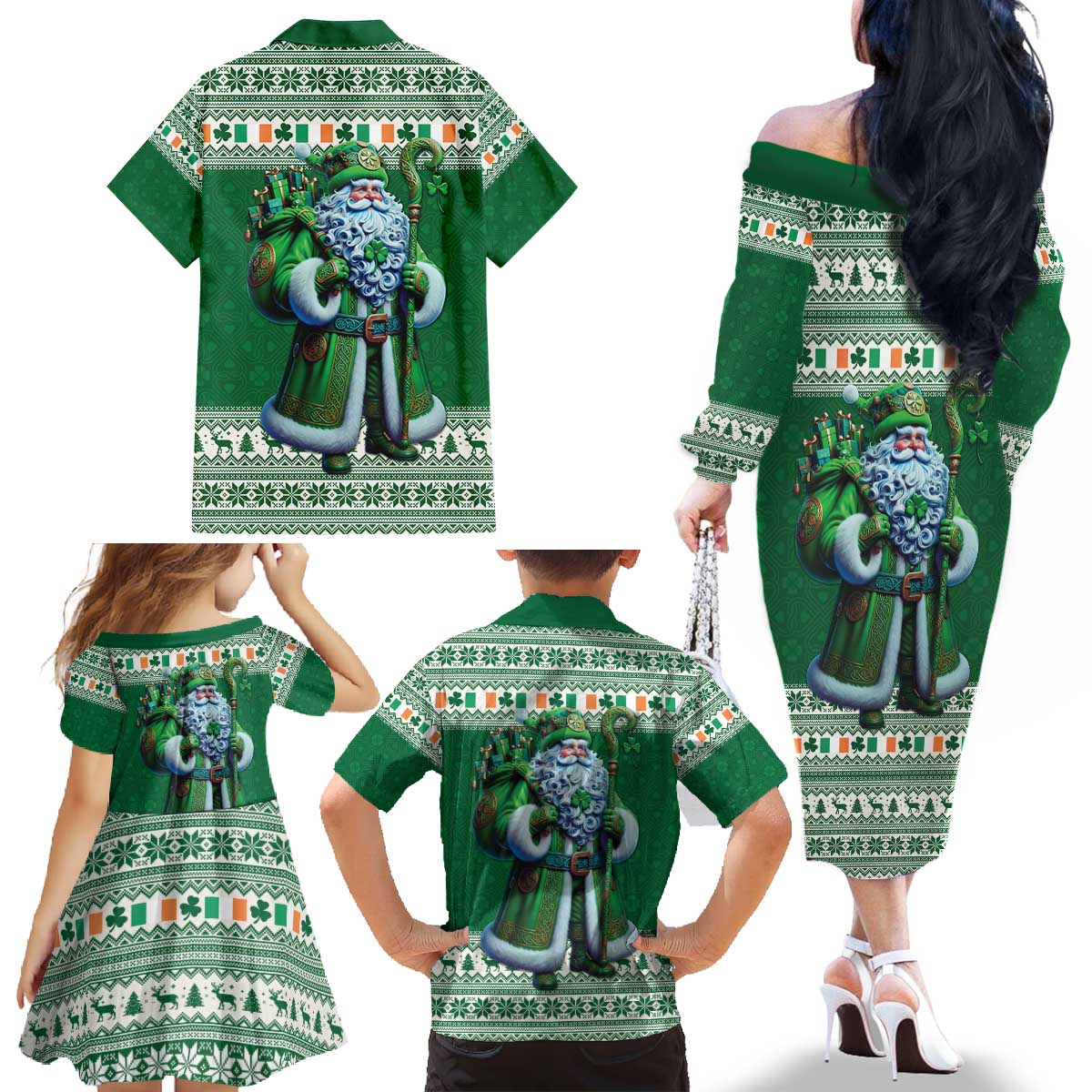 Ireland Christmas Family Matching Off The Shoulder Long Sleeve Dress and Hawaiian Shirt Irish Santa Claus - Wonder Print Shop