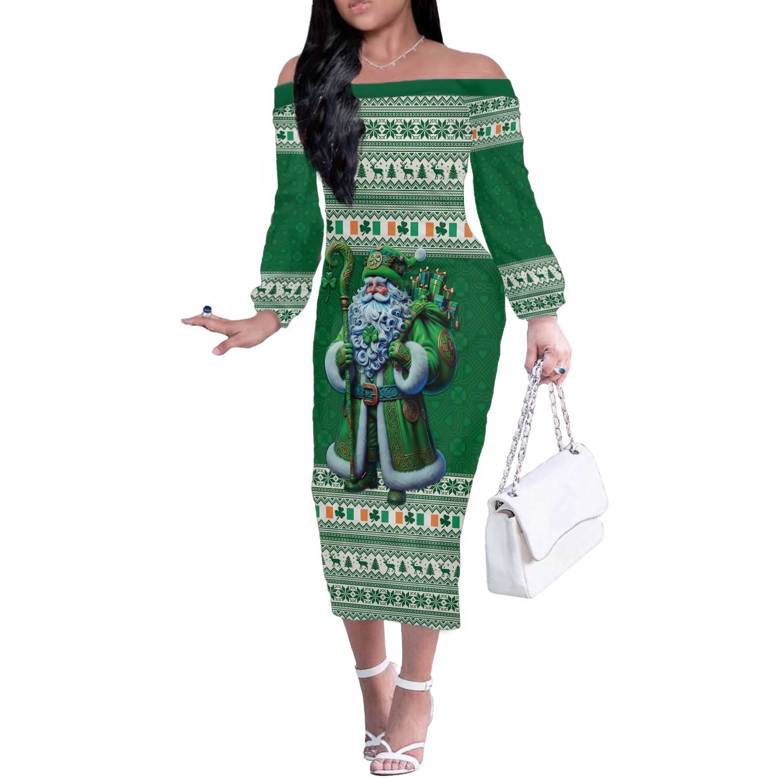 Ireland Christmas Off The Shoulder Long Sleeve Dress Irish Santa Claus - Wonder Print Shop