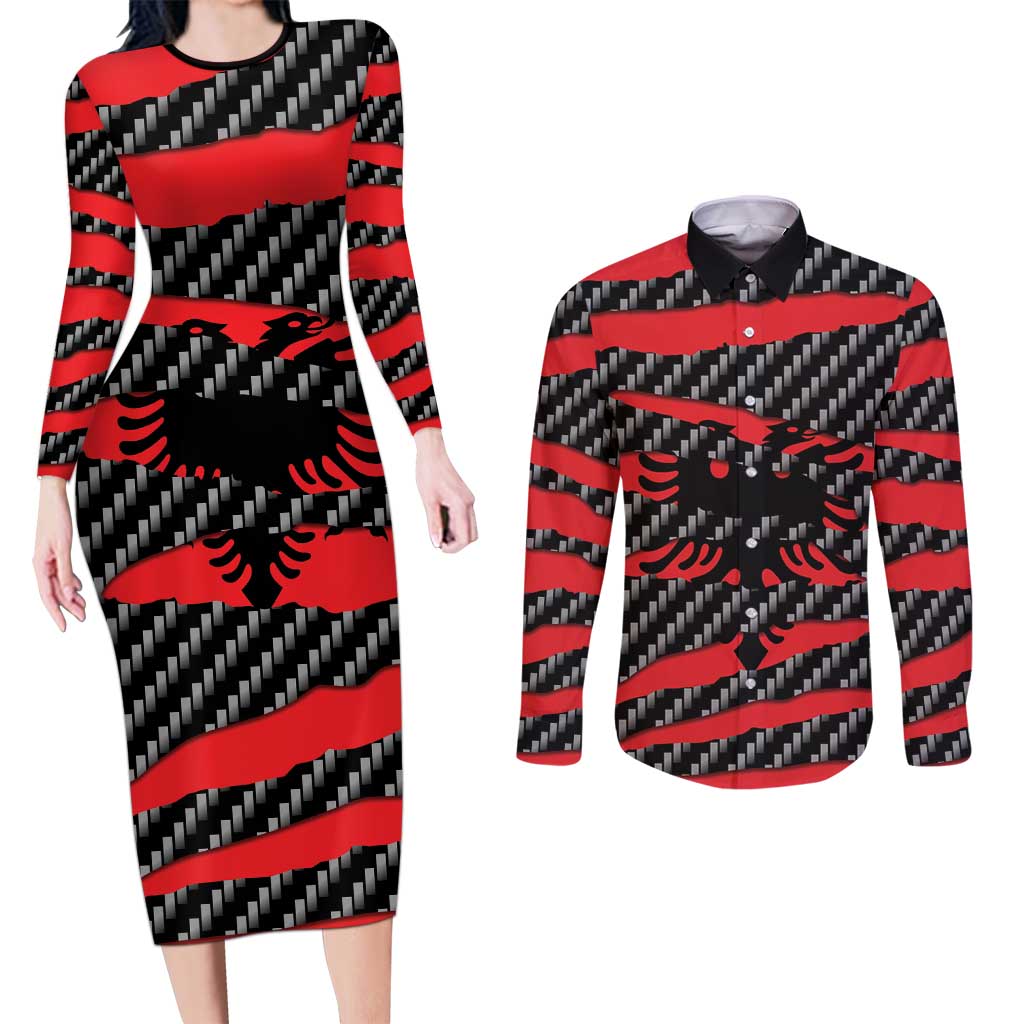 Albania Beast Couples Matching Long Sleeve Bodycon Dress and Long Sleeve Button Shirt Ripped Flag Graphic - Wonder Print Shop