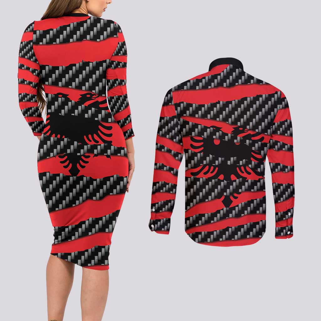 Albania Beast Couples Matching Long Sleeve Bodycon Dress and Long Sleeve Button Shirt Ripped Flag Graphic - Wonder Print Shop