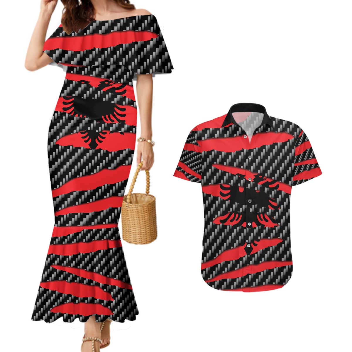 Albania Beast Couples Matching Mermaid Dress and Hawaiian Shirt Ripped Flag Graphic - Wonder Print Shop
