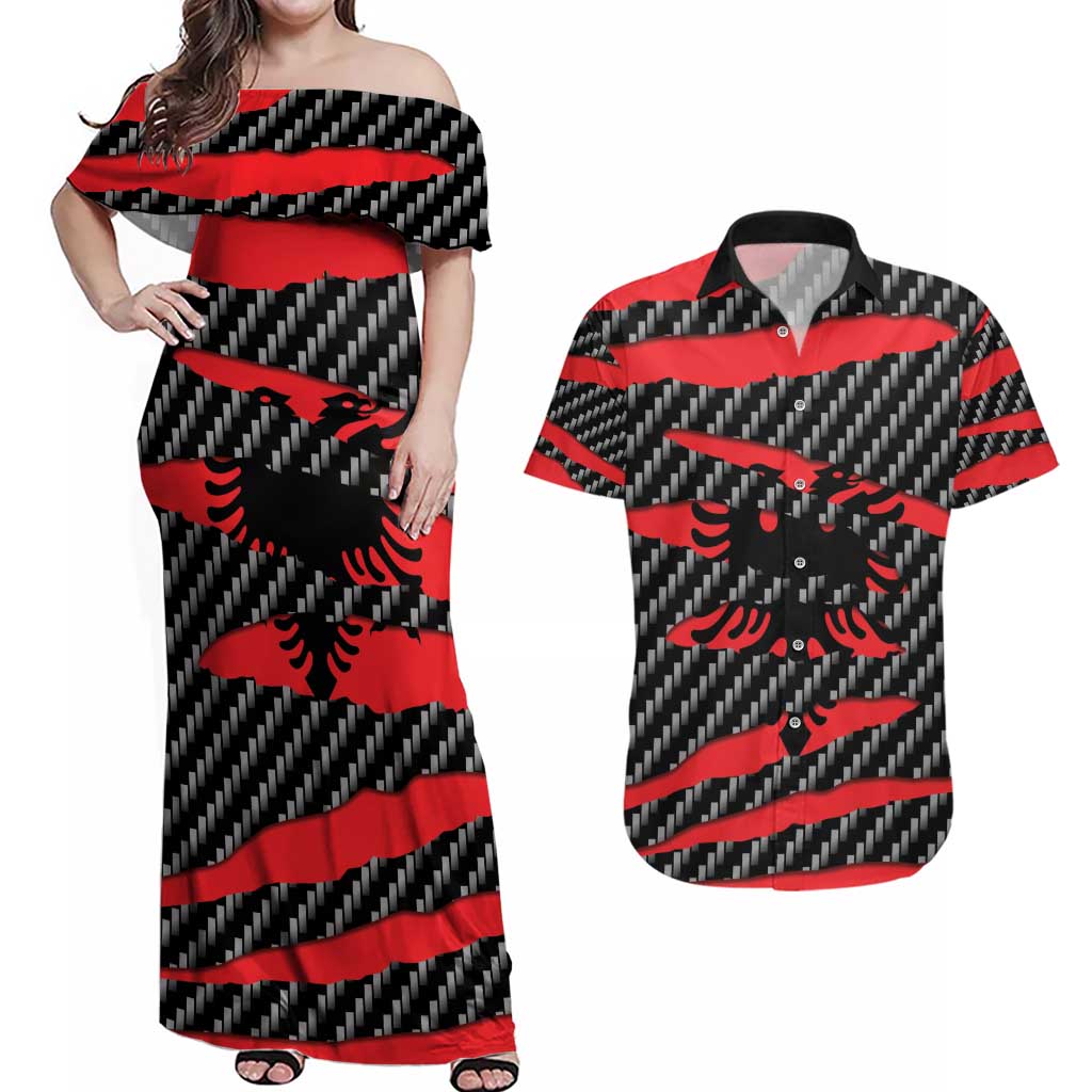 Albania Beast Couples Matching Off Shoulder Maxi Dress and Hawaiian Shirt Ripped Flag Graphic - Wonder Print Shop