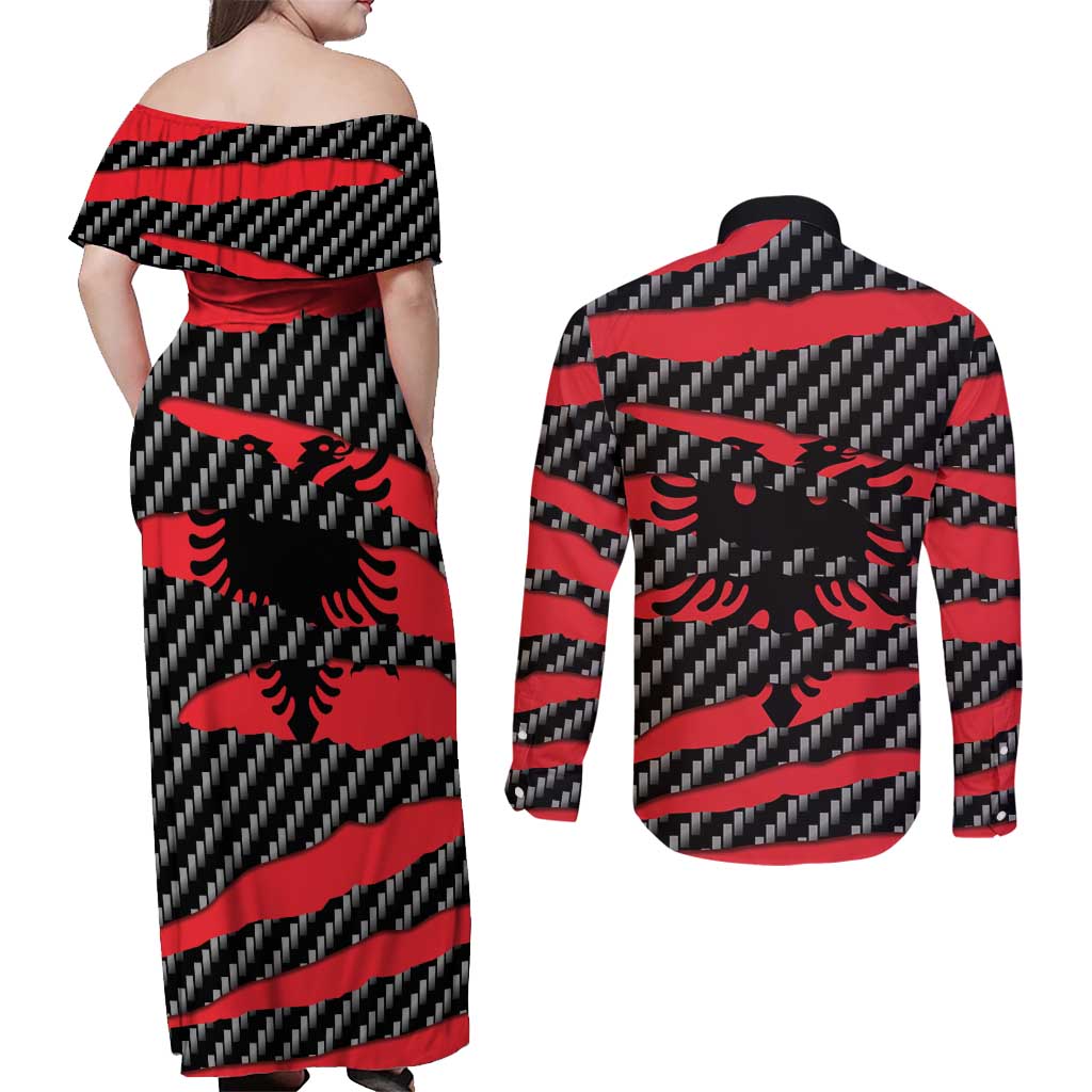 Albania Beast Couples Matching Off Shoulder Maxi Dress and Long Sleeve Button Shirt Ripped Flag Graphic - Wonder Print Shop