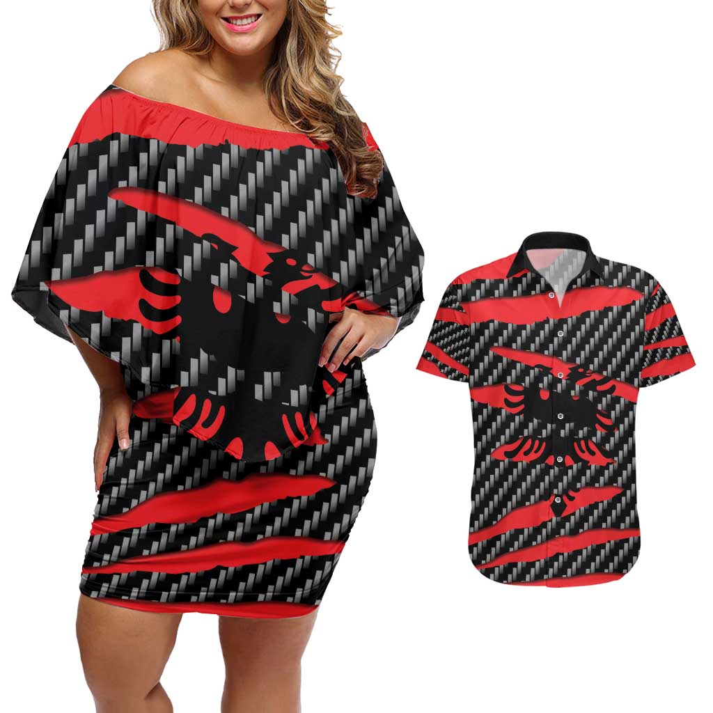 Albania Beast Couples Matching Off Shoulder Short Dress and Hawaiian Shirt Ripped Flag Graphic - Wonder Print Shop