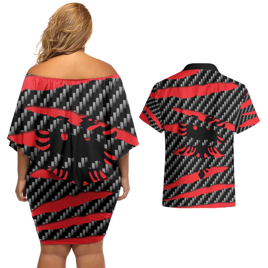 Albania Beast Couples Matching Off Shoulder Short Dress and Hawaiian Shirt Ripped Flag Graphic - Wonder Print Shop