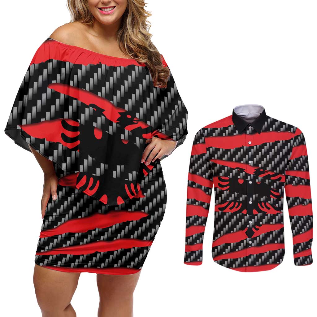Albania Beast Couples Matching Off Shoulder Short Dress and Long Sleeve Button Shirt Ripped Flag Graphic - Wonder Print Shop