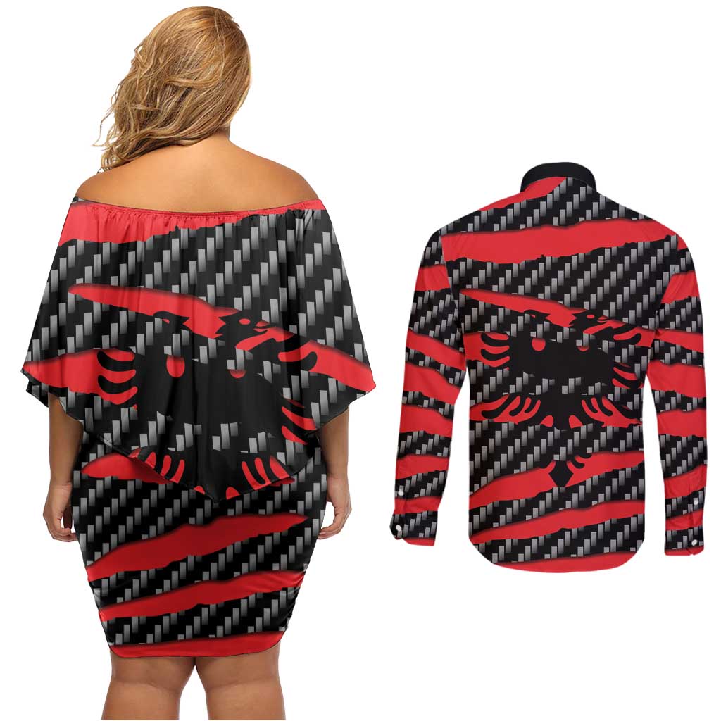 Albania Beast Couples Matching Off Shoulder Short Dress and Long Sleeve Button Shirt Ripped Flag Graphic - Wonder Print Shop