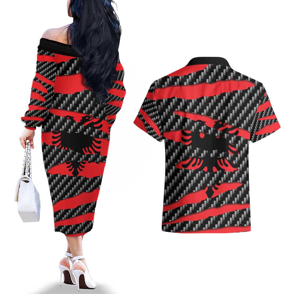Albania Beast Couples Matching Off The Shoulder Long Sleeve Dress and Hawaiian Shirt Ripped Flag Graphic - Wonder Print Shop