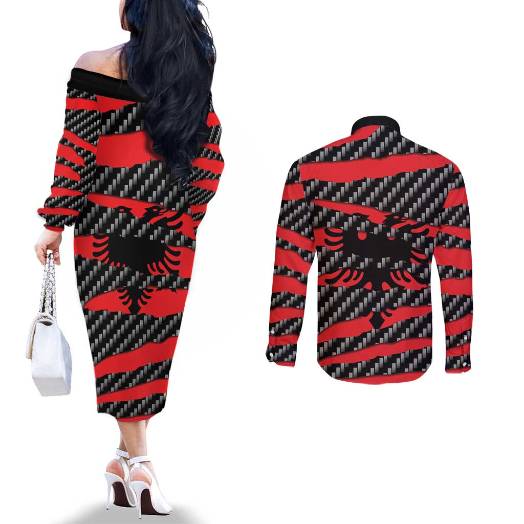 Albania Beast Couples Matching Off The Shoulder Long Sleeve Dress and Long Sleeve Button Shirt Ripped Flag Graphic - Wonder Print Shop