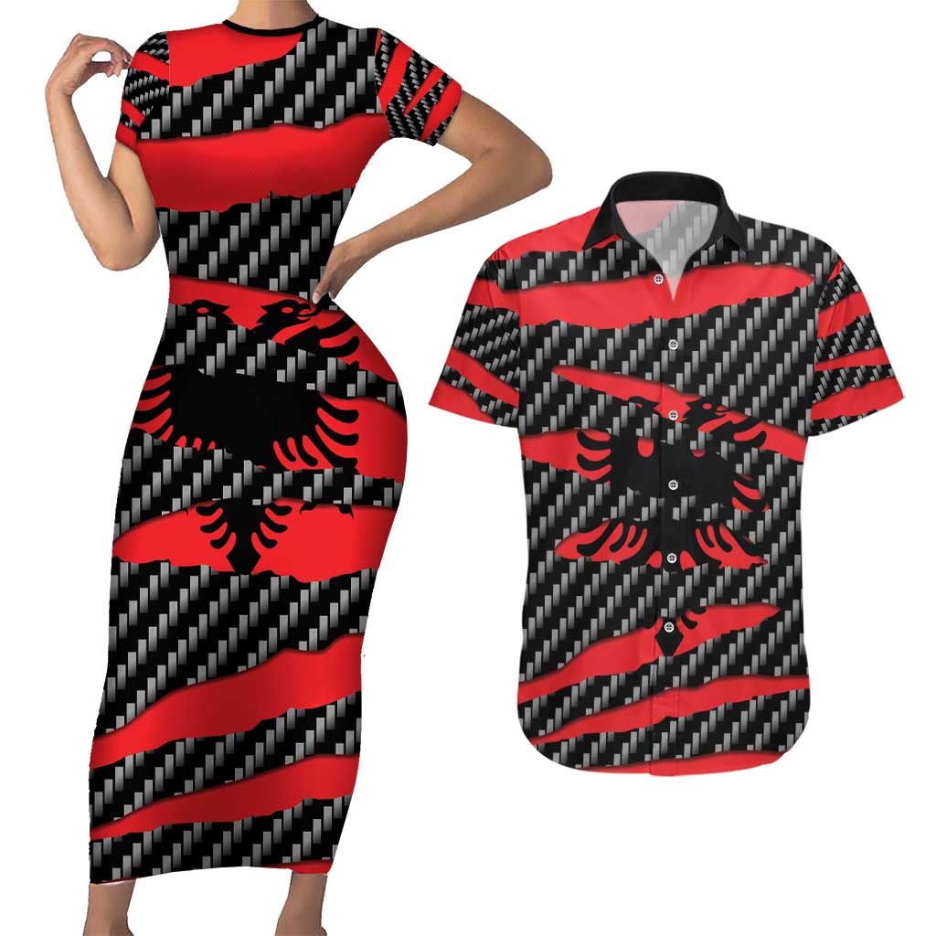 Albania Beast Couples Matching Short Sleeve Bodycon Dress and Hawaiian Shirt Ripped Flag Graphic - Wonder Print Shop