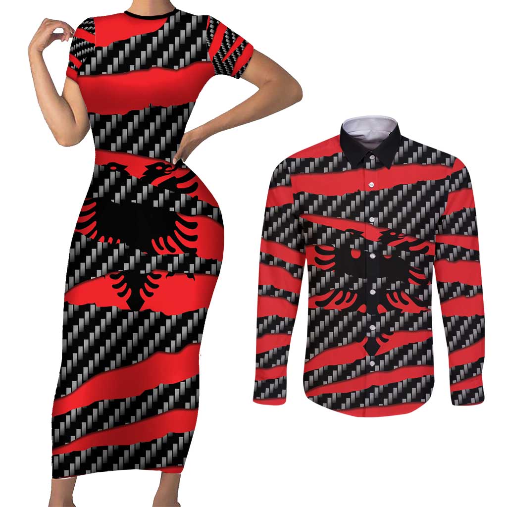 Albania Beast Couples Matching Short Sleeve Bodycon Dress and Long Sleeve Button Shirt Ripped Flag Graphic - Wonder Print Shop
