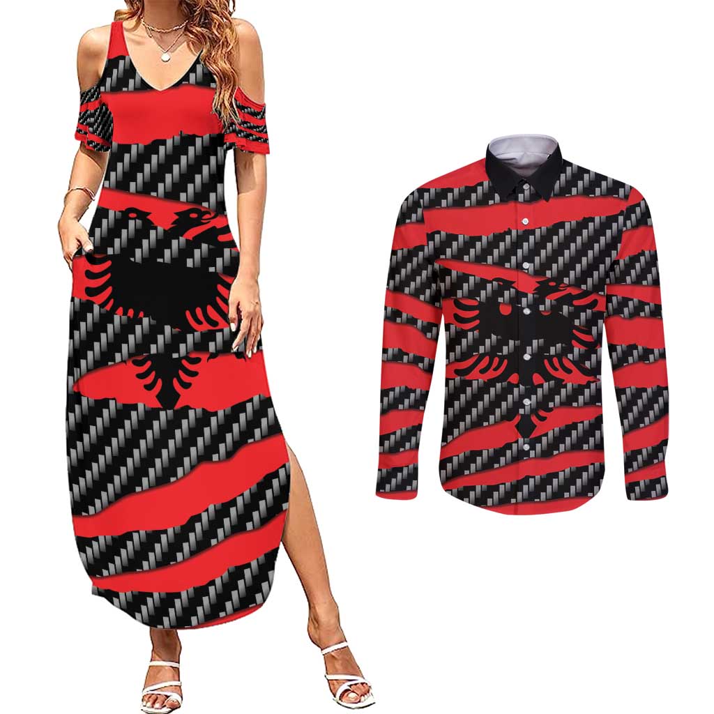 Albania Beast Couples Matching Summer Maxi Dress and Long Sleeve Button Shirt Ripped Flag Graphic - Wonder Print Shop