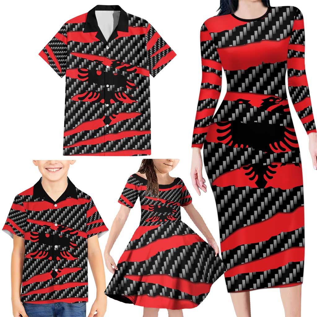 Albania Beast Family Matching Long Sleeve Bodycon Dress and Hawaiian Shirt Ripped Flag Graphic - Wonder Print Shop