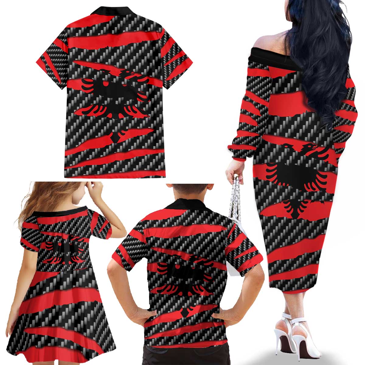 Albania Beast Family Matching Off The Shoulder Long Sleeve Dress and Hawaiian Shirt Ripped Flag Graphic - Wonder Print Shop