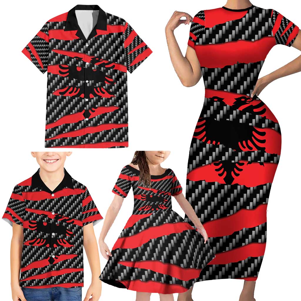 Albania Beast Family Matching Short Sleeve Bodycon Dress and Hawaiian Shirt Ripped Flag Graphic - Wonder Print Shop
