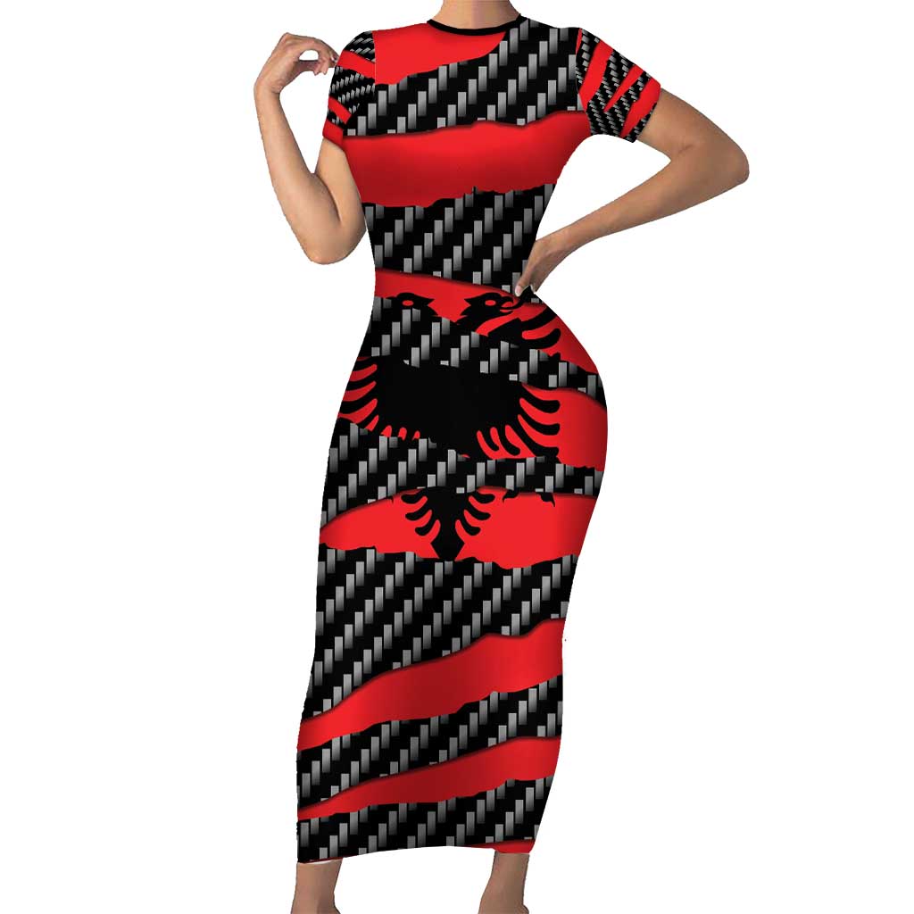 Albania Beast Family Matching Short Sleeve Bodycon Dress and Hawaiian Shirt Ripped Flag Graphic - Wonder Print Shop
