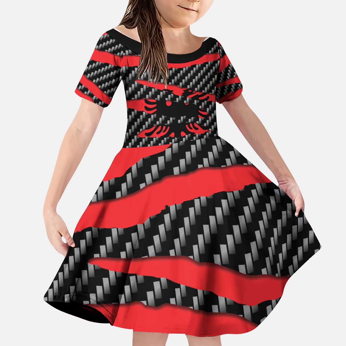 Albania Beast Kid Short Sleeve Dress Ripped Flag Graphic - Wonder Print Shop