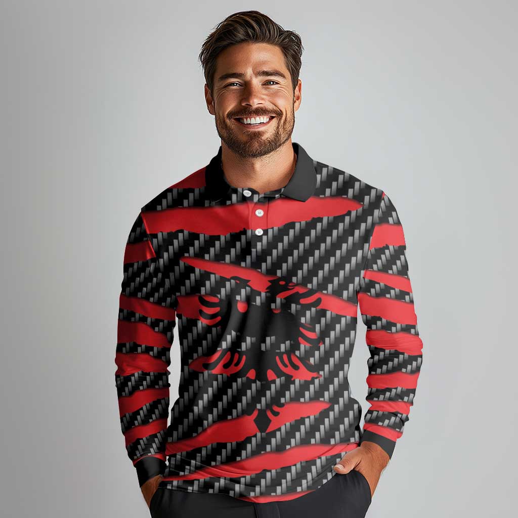 Albania Beast Long Sleeve Polo Shirt Ripped Flag Graphic - Wonder Print Shop