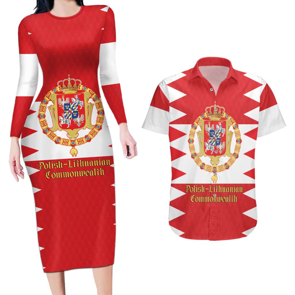 Personalized Polish-Lithuanian Commonwealth Couples Matching Long Sleeve Bodycon Dress and Hawaiian Shirt Royal Coat Of Arms Style