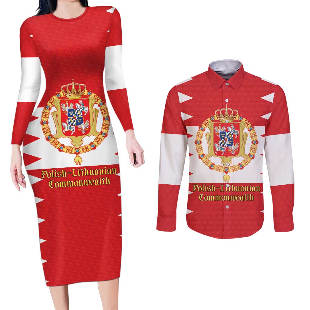 Personalized Polish-Lithuanian Commonwealth Couples Matching Long Sleeve Bodycon Dress and Long Sleeve Button Shirt Royal Coat Of Arms Style