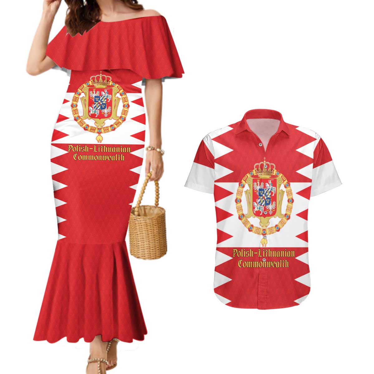 Personalized Polish-Lithuanian Commonwealth Couples Matching Mermaid Dress and Hawaiian Shirt Royal Coat Of Arms Style