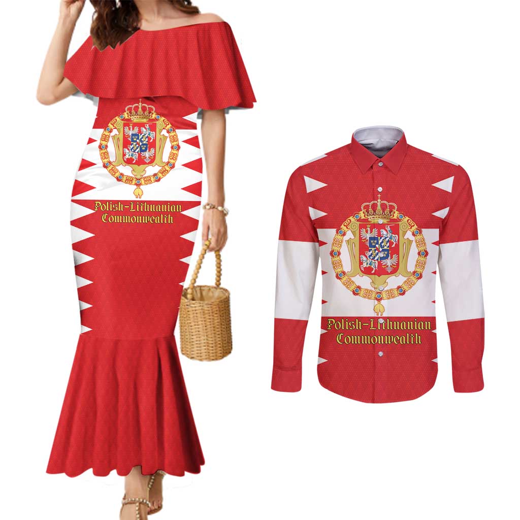 Personalized Polish-Lithuanian Commonwealth Couples Matching Mermaid Dress and Long Sleeve Button Shirt Royal Coat Of Arms Style