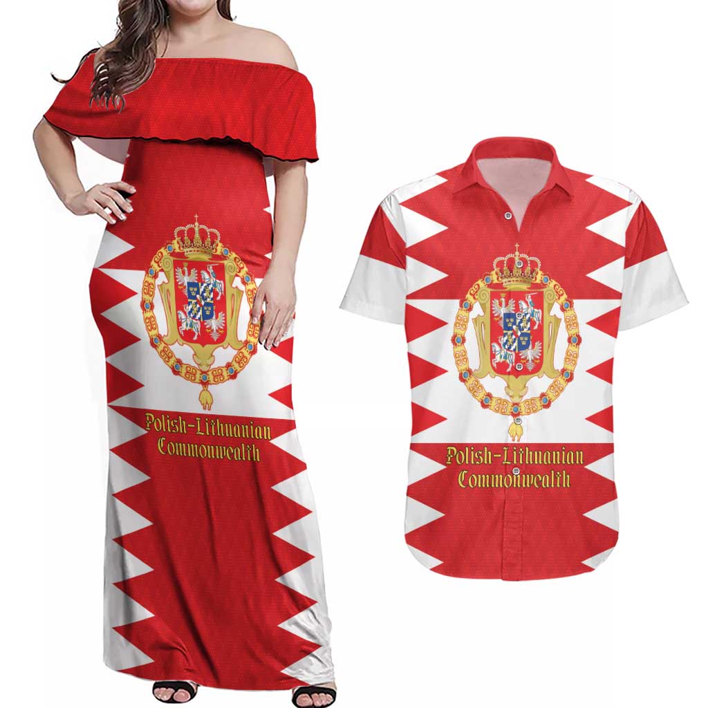 Personalized Polish-Lithuanian Commonwealth Couples Matching Off Shoulder Maxi Dress and Hawaiian Shirt Royal Coat Of Arms Style