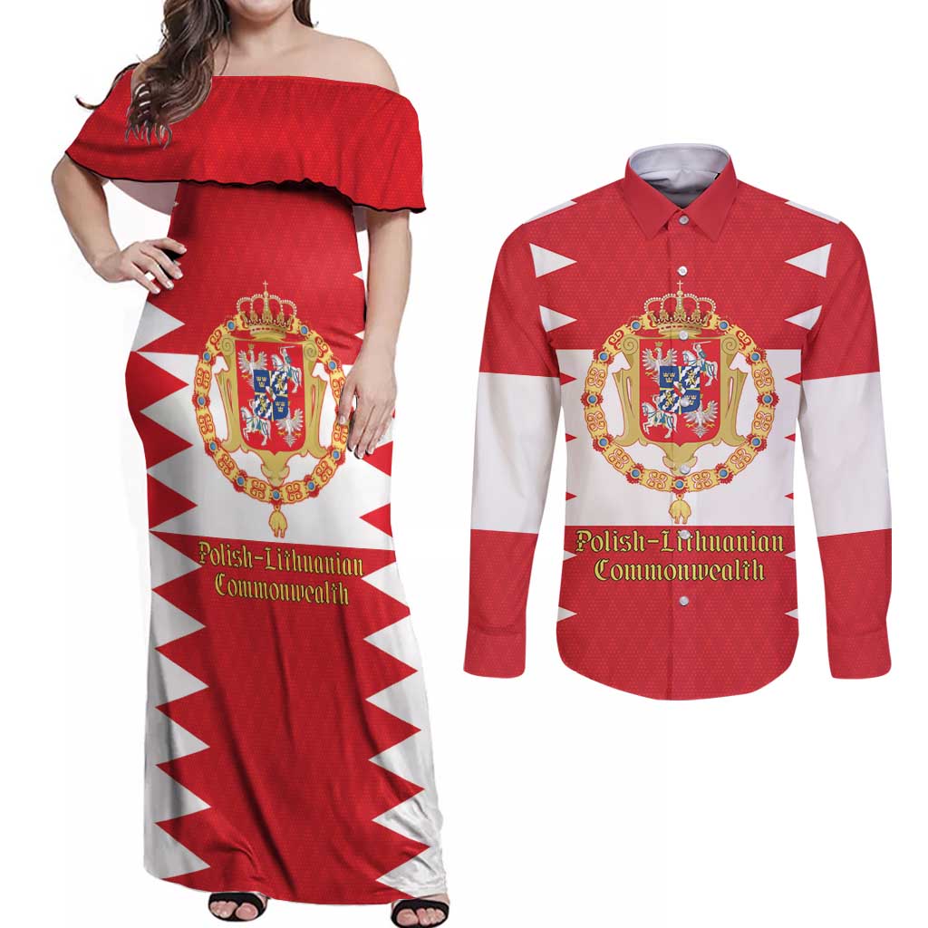 Personalized Polish-Lithuanian Commonwealth Couples Matching Off Shoulder Maxi Dress and Long Sleeve Button Shirt Royal Coat Of Arms Style