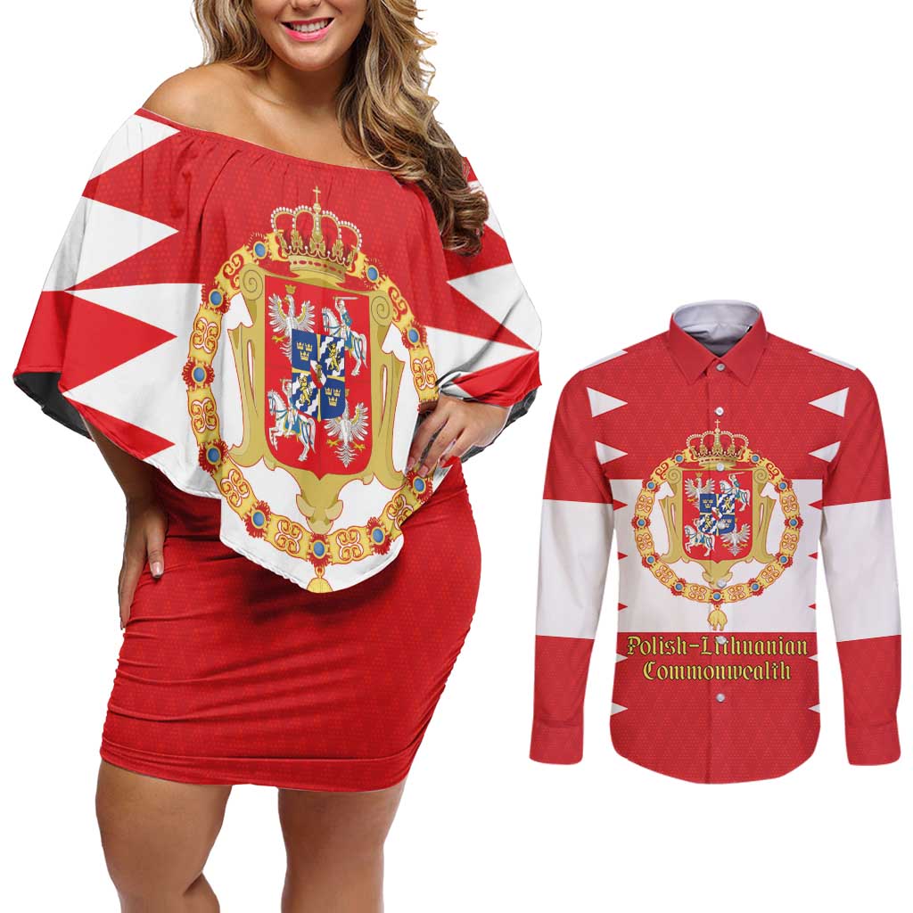 Personalized Polish-Lithuanian Commonwealth Couples Matching Off Shoulder Short Dress and Long Sleeve Button Shirt Royal Coat Of Arms Style