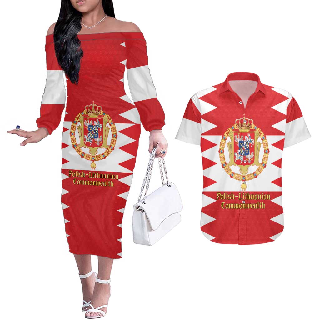 Personalized Polish-Lithuanian Commonwealth Couples Matching Off The Shoulder Long Sleeve Dress and Hawaiian Shirt Royal Coat Of Arms Style