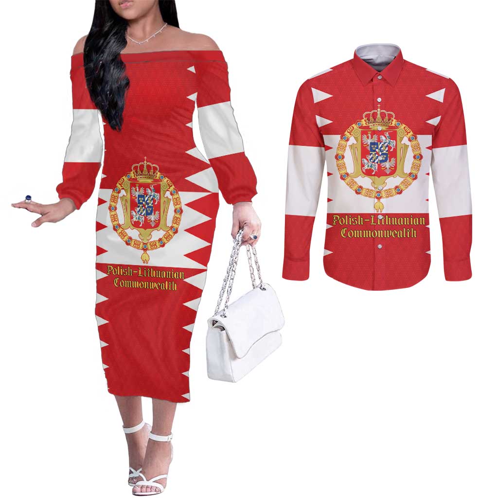 Personalized Polish-Lithuanian Commonwealth Couples Matching Off The Shoulder Long Sleeve Dress and Long Sleeve Button Shirt Royal Coat Of Arms Style