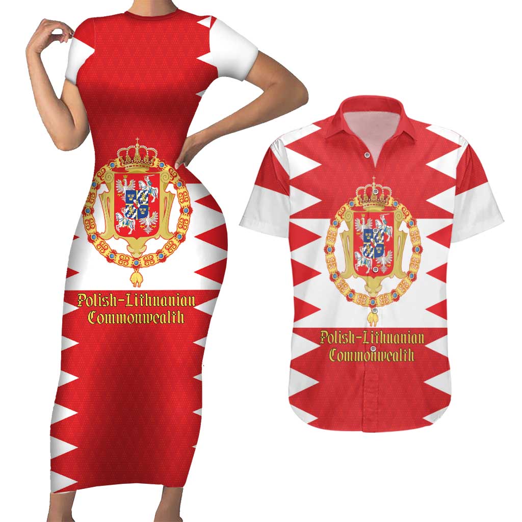 Personalized Polish-Lithuanian Commonwealth Couples Matching Short Sleeve Bodycon Dress and Hawaiian Shirt Royal Coat Of Arms Style