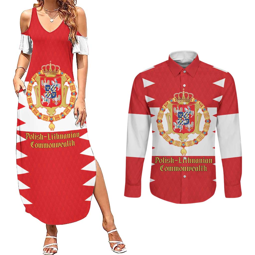 Personalized Polish-Lithuanian Commonwealth Couples Matching Summer Maxi Dress and Long Sleeve Button Shirt Royal Coat Of Arms Style