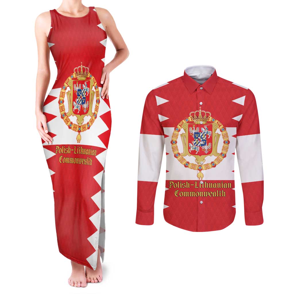 Personalized Polish-Lithuanian Commonwealth Couples Matching Tank Maxi Dress and Long Sleeve Button Shirt Royal Coat Of Arms Style