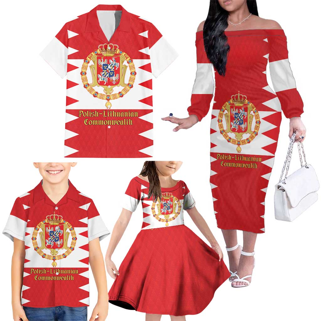 Personalized Polish-Lithuanian Commonwealth Family Matching Off The Shoulder Long Sleeve Dress and Hawaiian Shirt Royal Coat Of Arms Style
