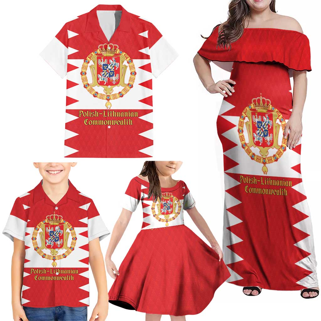 Personalized Polish-Lithuanian Commonwealth Family Matching Off Shoulder Maxi Dress and Hawaiian Shirt Royal Coat Of Arms Style