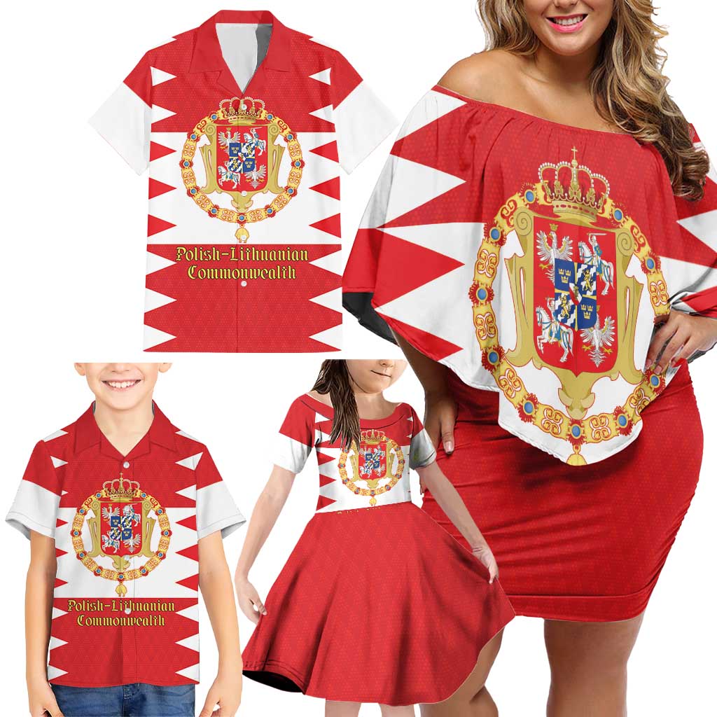Personalized Polish-Lithuanian Commonwealth Family Matching Off Shoulder Short Dress and Hawaiian Shirt Royal Coat Of Arms Style