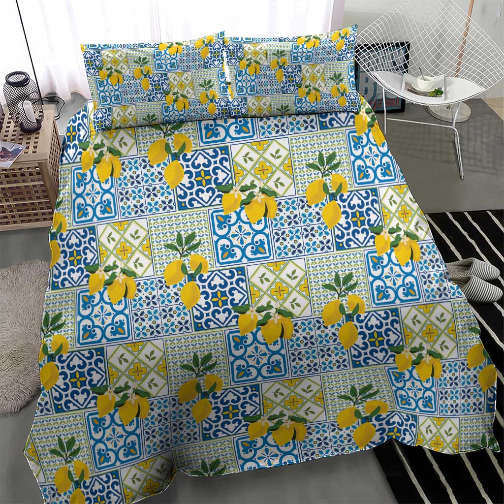 Sicily Italy Lemon Maiolica Bedding Set Sicilian Citrus Tile Mediterranean Art