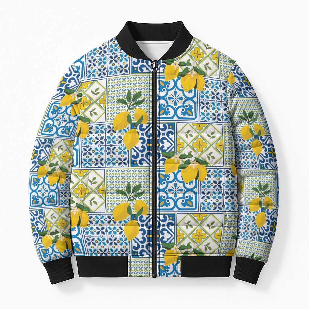 Sicily Italy Lemon Maiolica Bomber Puffer Jacket Sicilian Citrus Tile Mediterranean Art