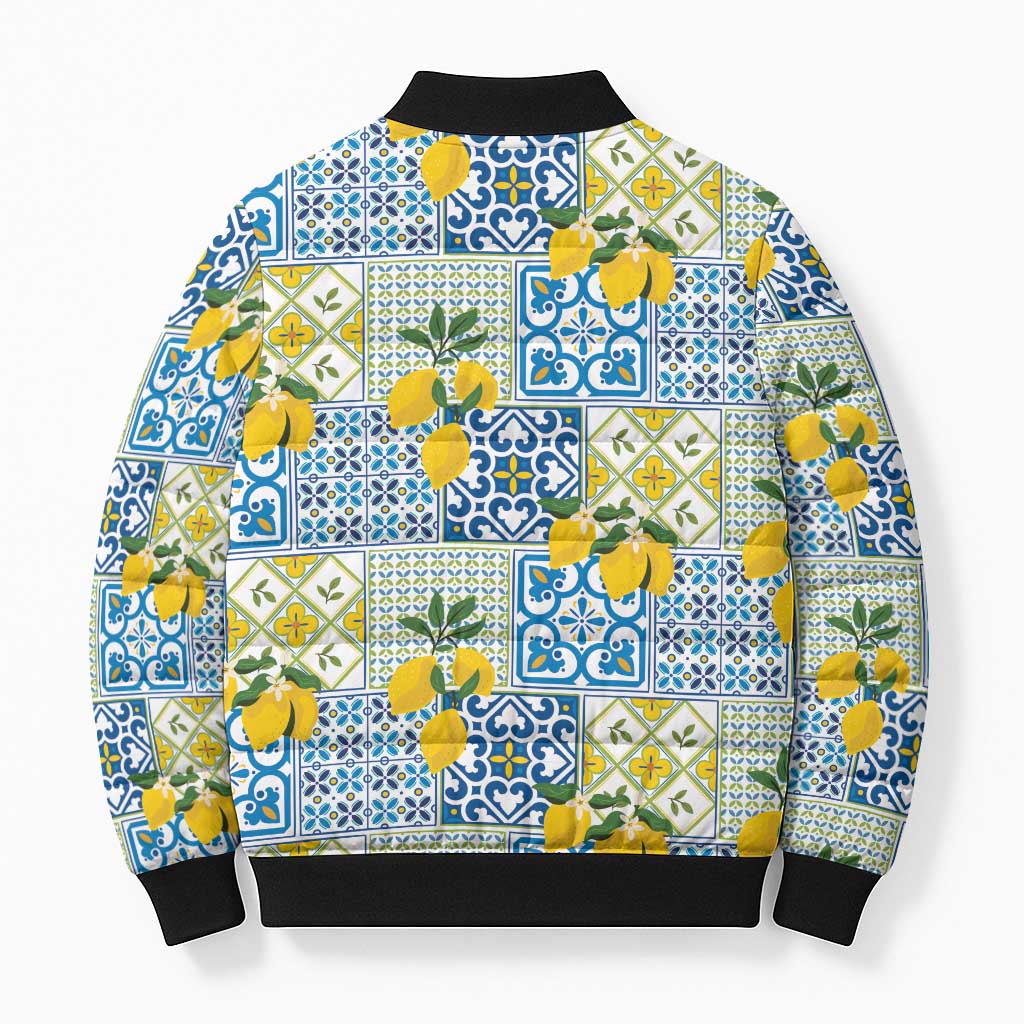 Sicily Italy Lemon Maiolica Bomber Puffer Jacket Sicilian Citrus Tile Mediterranean Art