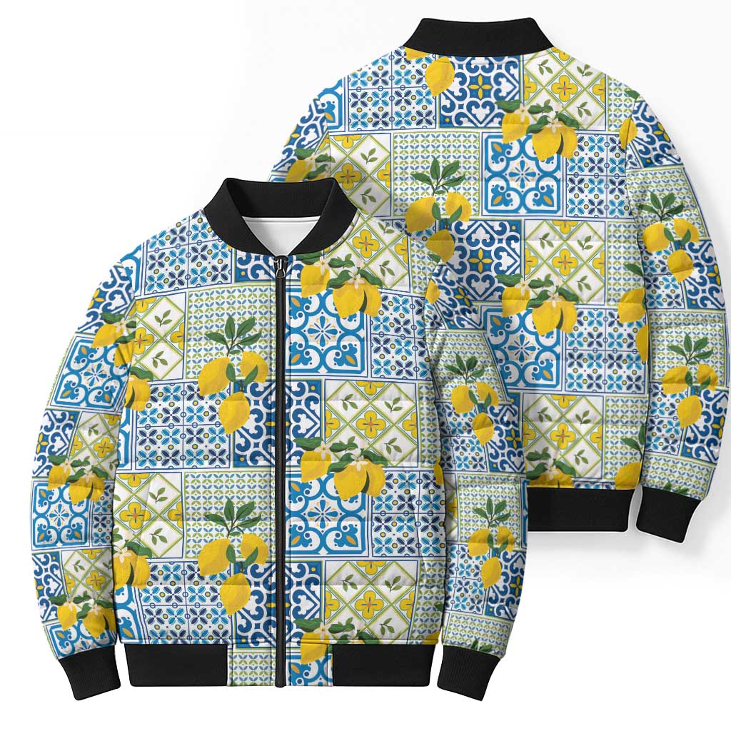 Sicily Italy Lemon Maiolica Bomber Puffer Jacket Sicilian Citrus Tile Mediterranean Art